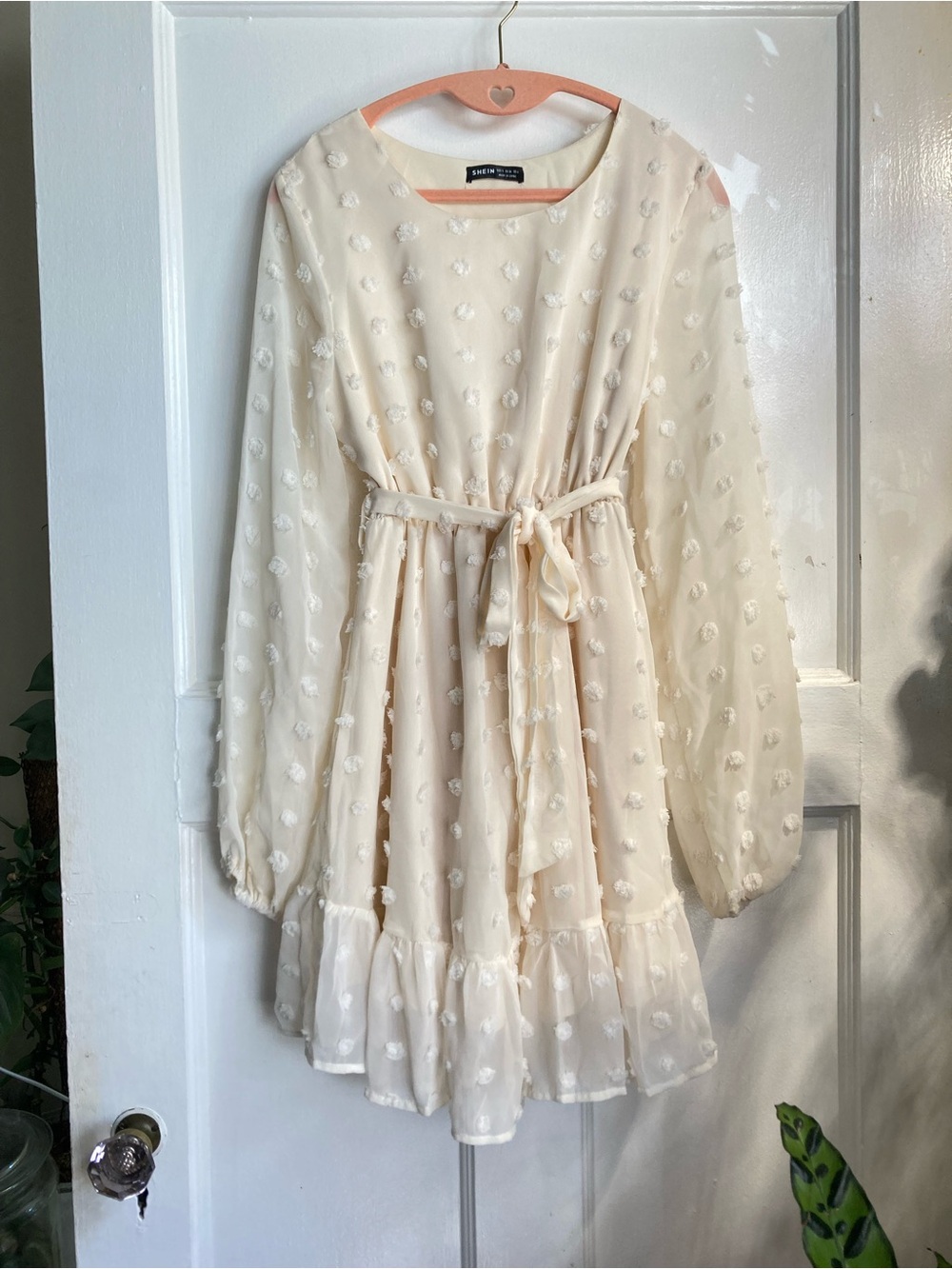 SHEIN Cream Swiss Dot Chiffon Tie-Waist Girls Dress